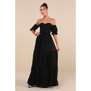 Lulus Exceptionally Gorgeous Black Chiffon Off-the-shoulder Maxi Dress - Size M
